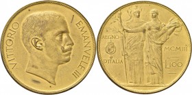 REGNO D’ITALIA. Vittorio Emanuele III, 1900-1943. 
100 Lire 1903 prova Stabilimento Johnson. Metallo dorato gr. 16,79 Dr. Testa nuda a d. Rv. A s. Mi...