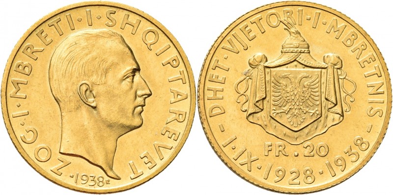 ALBANIA. Re Zogu I, 1925-1939. 
20 Franga Ari 1938, zecca di Roma. Au gr. 6,45 ...