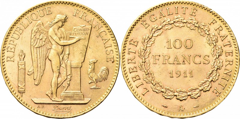 FRANCIA. Terza Repubblica 1871-1940. 
100 Franchi 1911. Au gr. 32,18 Dr. Genio ...