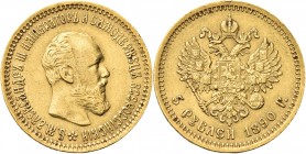 RUSSIA. Alessandro III, 1881-1894. 
5 Rubli 1890. Au gr. 6,44 Come precedente. Bitkin 35; Fried. 168.
SPL