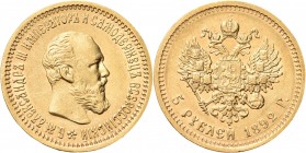 RUSSIA. Alessandro III, 1881-1894. 
5 Rubli 1892. Au gr. 6,43 Come precedente. Bitkin 37; Fried. 168.
Raro. q. FDC