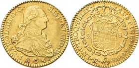 SPAGNA. Carlo IV di Borbone, Re di Spagna, 1788-1808. 
2 Escudos 1804-FA, zecca di Madrid. Au gr. 6,77 Simile a precedente. Fried. 296.
SPL