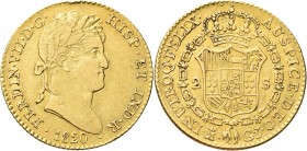SPAGNA. Ferdinando VII di Borbone, Re dii Spagna, 1808-1824. 
2 Escudos 1820 GJ, zecca di Madrid. Au gr. 6,73 Dr. Testa laureata a d. Rv. Stemma coro...