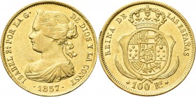 SPAGNA. Isabella II di Spagna, 1833-1868. 
100 Reales 1857. Au gr. 8,37 Simile a precedente. Fried. 331.
SPL