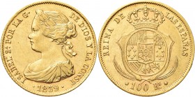 SPAGNA. Isabella II di Spagna, 1833-1868. 
100 Reales 1859 (Barcellona). Au gr. 8,29 Simile a precedente. Fried. 331.
SPL