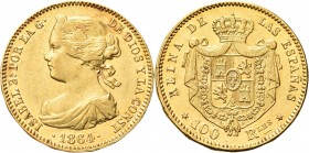SPAGNA. Isabella II di Spagna, 1833-1868. 
100 Reales 1864. Au gr. 8,37 Simile a precedente. Fried. 334.
SPL