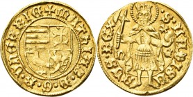 UNGHERIA. Mattia Corvino, 1458-1490. 
Ducato 1458-1466, zecca di Nagyszeben. Au gr. 3,58 Dr. MAThIAS D G R VNGARIE. Scudo inquartato con leone d’Ungh...