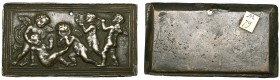 Rome (third quarter of 15th century), Five Putti at Play, rectangular bronze plaquette, with the central putto wearing a bearded mask, frightening the...