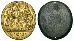Attributed to Cristoforo di Geremia (fl. Rome 1456-76), Sacrifice to Priapus, oval bronze-gilt plaquette, terminal figure of Priapus above a tripod at...