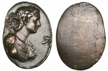 After the Antique (late 15th Century), Bust of a Woman with Small Dragon, oval bronze plaquette, draped bust right facing the head of a small dragon-l...