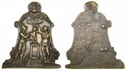 North Italian (16th century), Vulcan and Thetis arming and crowning the Child Achilles, bronze plaquette, Achilles standing on a plinth, flanked by Vu...