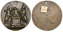 North Italian (16th century), The Entombment, bronze circular plaquette, Christ’s body lowered into the tomb by St. John and the Virgin (a barely legi...
