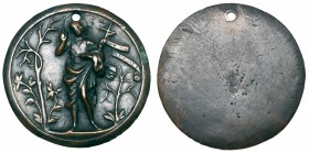 Venetian (early 16th century), St. John the Baptist, bronze plaquette, St. John standing, flanked by trees and holding the Agnus Dei on his left arm, ...