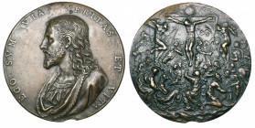 Milanese (mid-16th century), Jesus Christ, bronze medal, bust of Christ left; around, EGO SVM VIA VERITAS ET VITA, rev., Crucifixion scene with Christ...