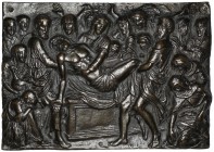 Andrea Briosco called Riccio (c. 1470-1532), The Entombment, large bronze plaquette, St. John the Evangelist flanked by Joseph of Arimathea and Nicode...