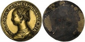 Pastorino de’ Pastorini (c. 1508-92), Vittoria Farnese (1520-1602), bronze-gilt uniface medal, VICTORIA FARNESIA DVX VRBINI, bust left wearing gown an...