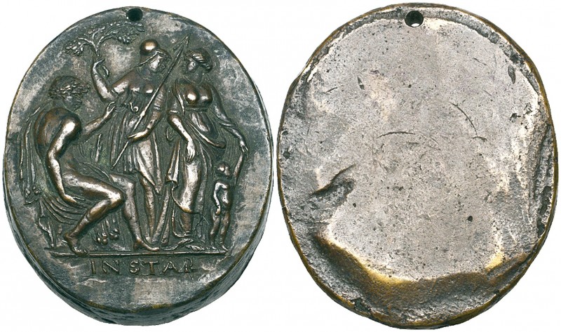 Valerio Belli (1468-1546), Hercules with Minerva, Venus and Cupid, oval bronze p...