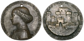 Matteo de’ Pasti (c. 1420-68), Sigismondo Pandolfo Malatesta (Lord of Rimini and Fano, 1432-68), bronze medal, armoured bust left, rev., the castle at...