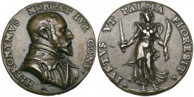 Anonymous (16th century), Girolamo Morcat (jurist), bronze medal, HIERONYMVS MORCAT IVR CONS, bust right, rev, IVSTVS VT PALMA FLOREBIT, Justice stand...