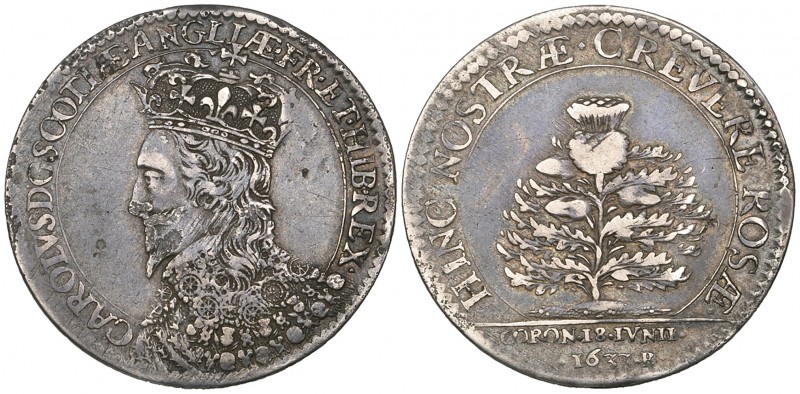 Charles I, Scottish Coronation, 1633, silver medal by Briot, another similar, 28...