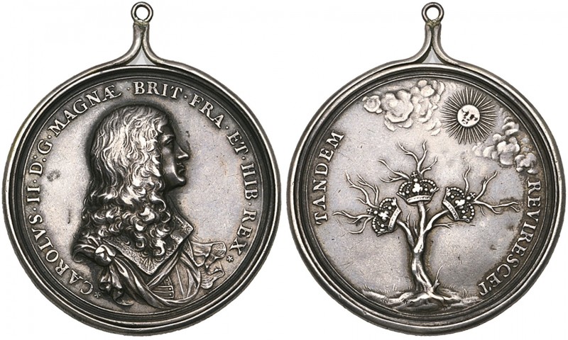 Charles II, Restoration, 1660, silver medal, bust right, rev., three crowns on t...
