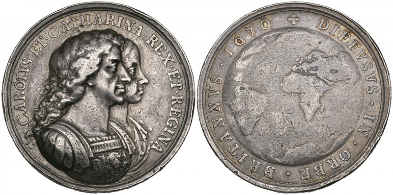 Charles II, British Colonisation, 1670, silver medal by Roettier, jugate busts o...