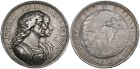 Charles II, British Colonisation, 1670, silver medal by Roettier, jugate busts of king and queen right, rev., terrestrial globe, 41mm (MI 546/203; E. ...