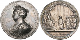 Anne, Queen Anne’s Bounty, 1704, silver medal by Croker, laureate bust left, rev., Anne enthroned, presenting her charter to the clergy, 44mm (MI 251/...