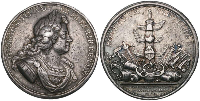 George I, Naval Action off Cape Passaro, 1718, silver medal by Croker, bust righ...