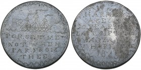 Victoria, Convict’s Love Token, 1843, a smooth copper penny engraved (by stippling) with three-masted ship and Forget me not when far from thee and on...