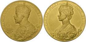George V, Coronation, 22 June 1911, large official gold medal by Royal Mint, with matt proof finish, King’s crowned bust left wearing Coronation robes...