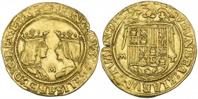 Reyes Católicos (1469-1504), 2 excelentes, Toledo, m between busts, shield between mt (Cal. 761; Cayón 2944), flan crack at upper right, very fine 
E...