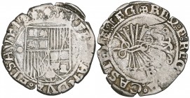 Reyes Católicos, 2 reales, Burgos, obverse amulet and b dividing shield, rev., b beneath yoke and arrows (Cal. 484.1; Cayón 2753), about fine and rare...