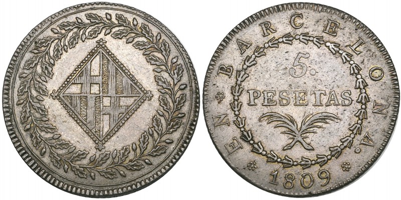 Jose Napoleon, 5 pesetas, 1809, Barcelona (Cal. 45; Cayón 14699), reverse scuffe...