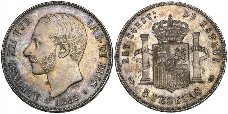 Alfonso XII, posthumous 5 pesetas, 1885 msm, 18 87 in stars (Cal. 62; Cayón 1751...