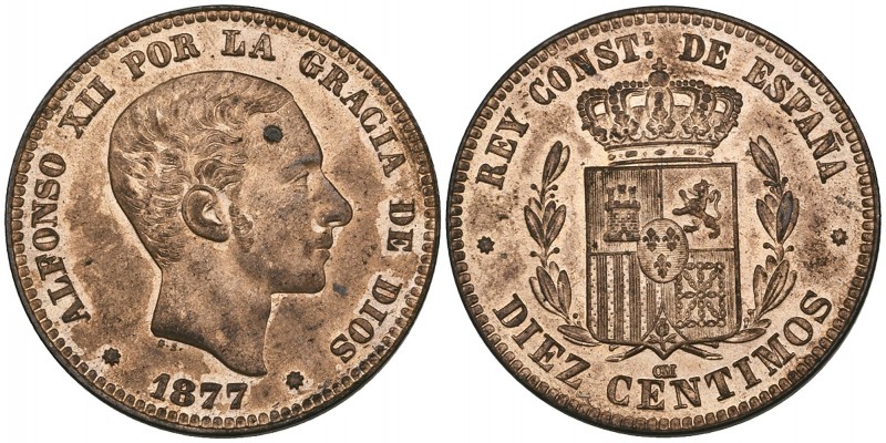 Alfonso XII, 10 céntimos 1877 om (Cal. 8; Cayón 17481), mint state, with full or...