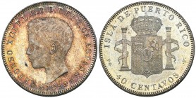 Alfonso XIII, Puerto Rico, 40 centavos, 1896 pgv (Cal. 127; Cayón 17660), bagmarked, virtually mint state 
Estimate: 500 - 700