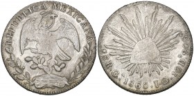 Mexico, Republic, 8 reales, Guadalajara mint, 1860 JG, normal issue, without pellet in loop of snake’s tail (DP-Ga42a), centres weak and has been hars...