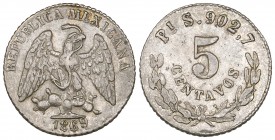 Mexico, Republic, Decimal Coinage, 5 centavos, San Luis Potosí mint, 1869 S, 1.34g (KM 397.1), good very fine, very rare
Estimate: 250 - 300