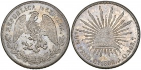Mexico, Republic, Decimal Coinage, silver 1 peso, Culiacán mint, 1902 JQ, cap and rays type, choice mint state, with light rainbow toning, in NGC hold...