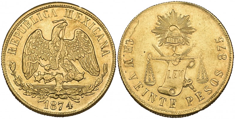 Mexico, Republic, Decimal Coinage, 20 pesos, Chihuahua mint, 1874 M, file test-m...