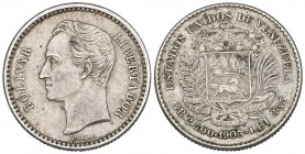 Venezuela, half-bolivar, 1903 (KM Y21), minor fault in garnish above shield, otherwise very fine and rare
Estimate: 200 - 300