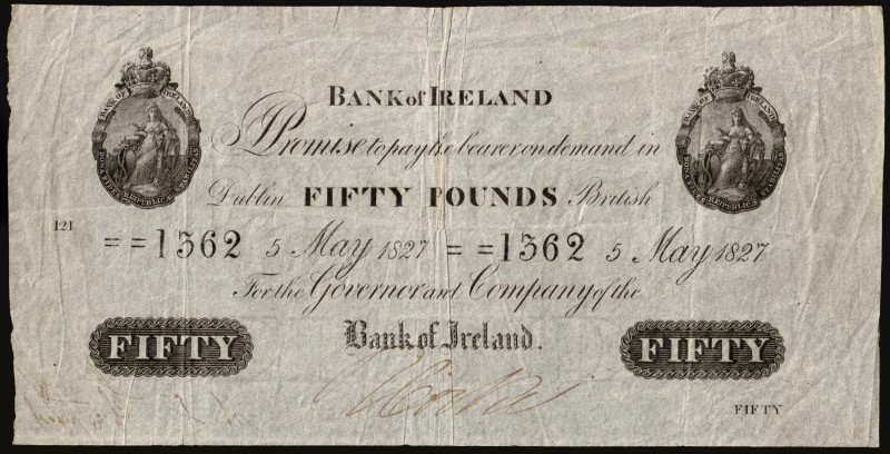 Ireland, Bank of Ireland, £50, no. 1362, 5 May 1827, printed in black on white w...