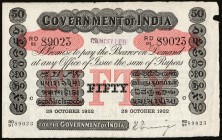 India, Government of India, 50 rupees, Calcutta, 28 October 1922, signed H. Denning, rubber-stamped ‘cancelled’ at upper centre (type as Pick A15d), v...