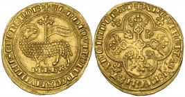France, Philippe IV le Bel (1285-1322), agnel d’or, Paschal lamb, rev., floriated cross, 4.18g, (F. 258), struck from a flawed reverse die, extremely ...