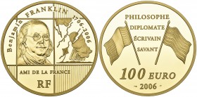 g France, 300th Anniversary of the Birth of Benjamin Franklin, 2006, proof 100 euros, struck in .999 fine gold, head of Franklin with view of kite in ...