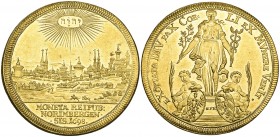 Germany, Nuremberg, 6 ducats, 1698, struck to commemorate the Peace of Ryswick, City view, radiant Jehova above, rev., Pax standing holding caduceus a...