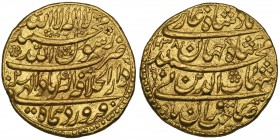 India, Mughal, Shah Jahan (1628-1658), gold mohur, Dar al-Khilafat Akbarabad 1038h/year 2, month of Farwardin, 10.88g (KM 255.8), single drill mark in...