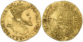Low Countries, Flanders, Filips II (1556-98), gouden real, Brugge, without English title (Delm. 519; v.G. & H. 206-7biii), extremely fine, rare thus ...