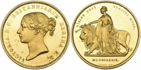 g Victoria, young head, proof ‘Una and the Lion’ five-pounds, 1839, by William Wyon, bust left with hair bound in two decorated fillets, the front sho...